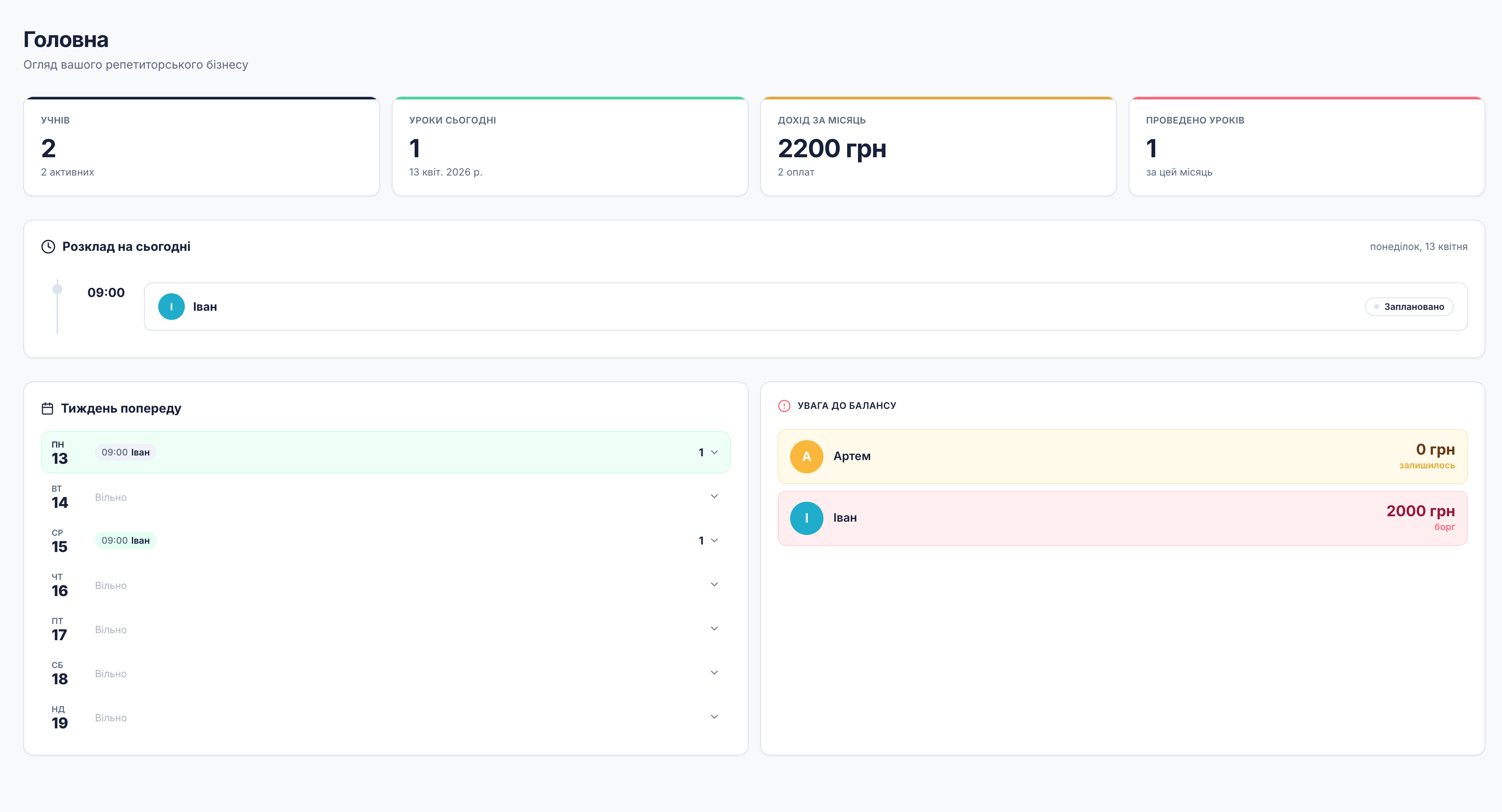 Головна сторінка Lessn з доходом, розкладом і балансом учнів